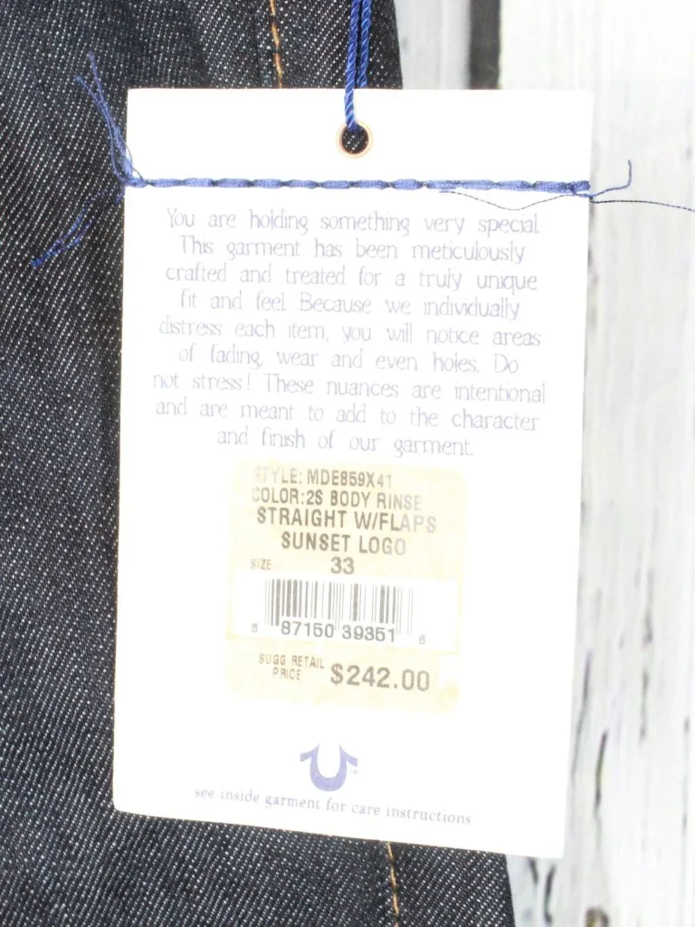 NWT True Religion Straight Leg Flap Jeans Sunset Logo Orange Red Stitch Size 33